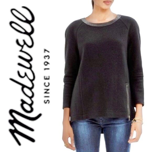 MADEWELL Structured Sweater Black Wool Leather Trim Size XXS - Picture 1 of 12